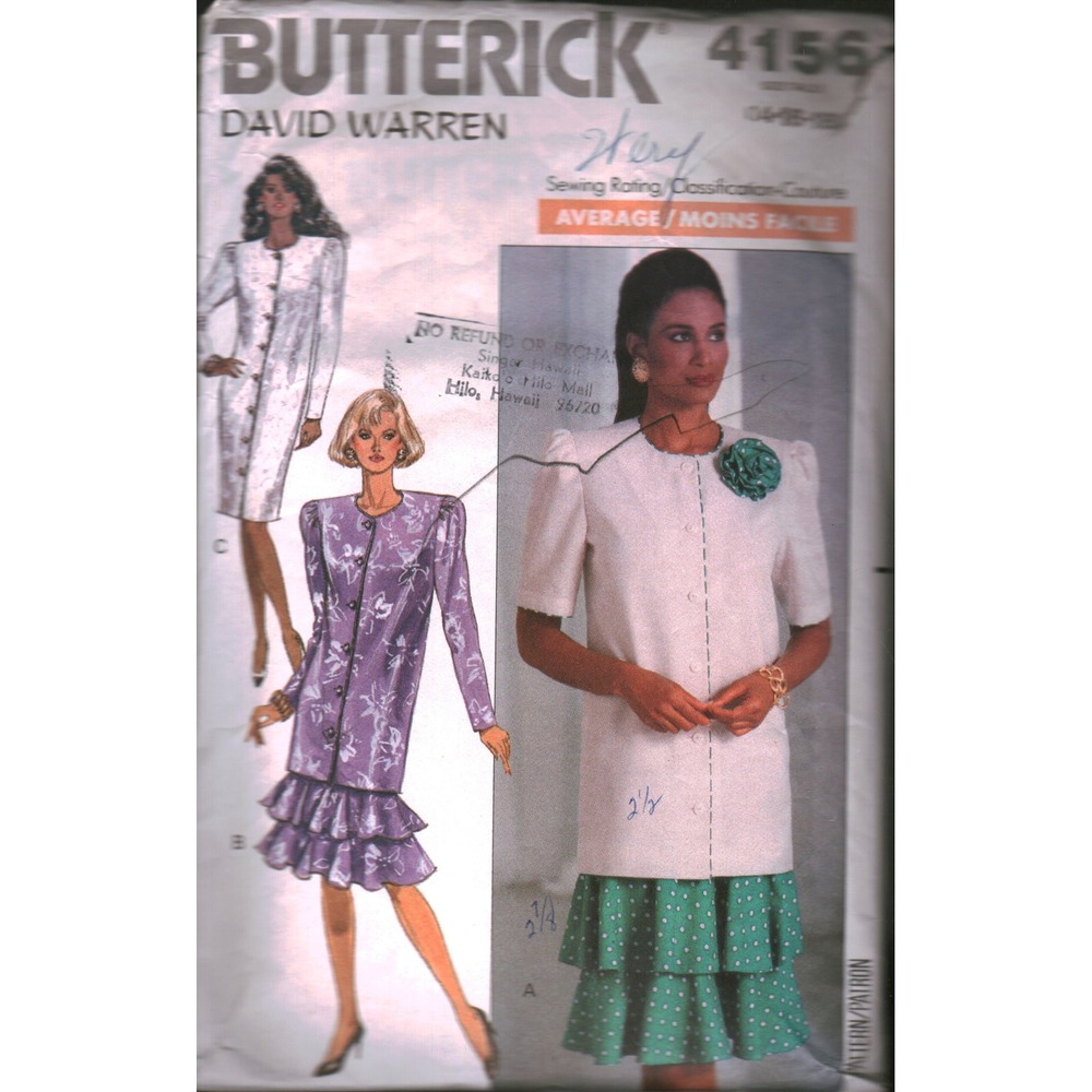 Vintage Butterick 4156 David Warren Dress Tunic Skirt Sewing Pattern Sz 14 16 18